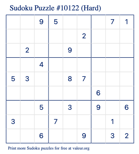 Free Printable Hard Sudoku Puzzle number 10122