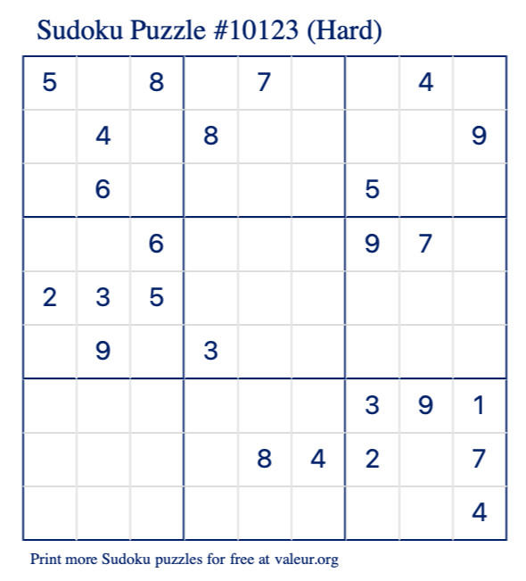 Free Printable Hard Sudoku Puzzle number 10123