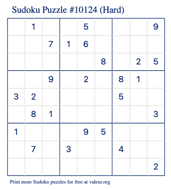 Free Printable Hard Sudoku Puzzle number 10124
