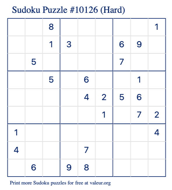 Free Printable Hard Sudoku Puzzle number 10126