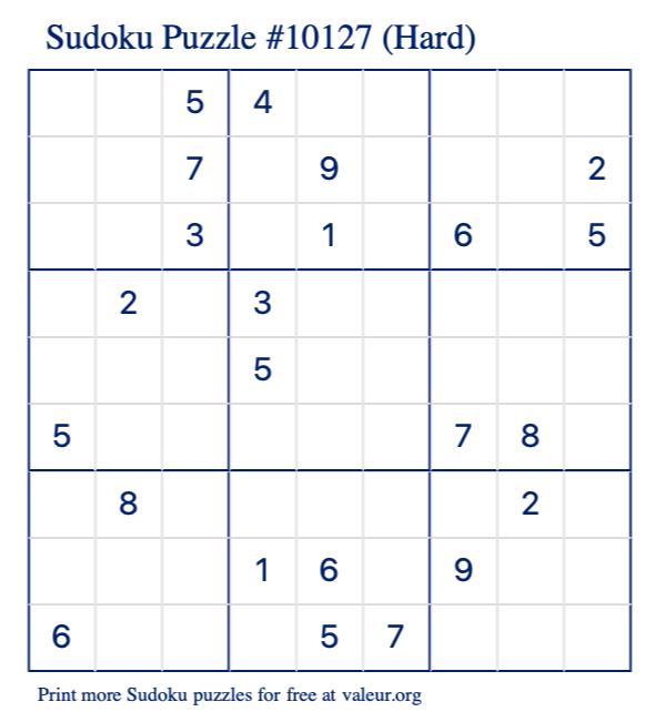 Free Printable Hard Sudoku Puzzle number 10127