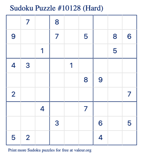 Free Printable Hard Sudoku Puzzle number 10128