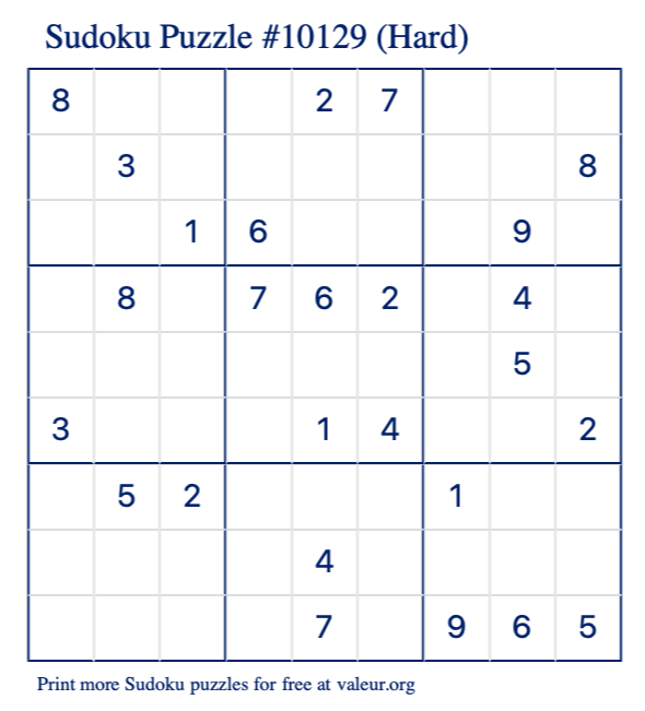 Free Printable Hard Sudoku Puzzle number 10129