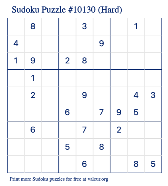 Free Printable Hard Sudoku Puzzle number 10130