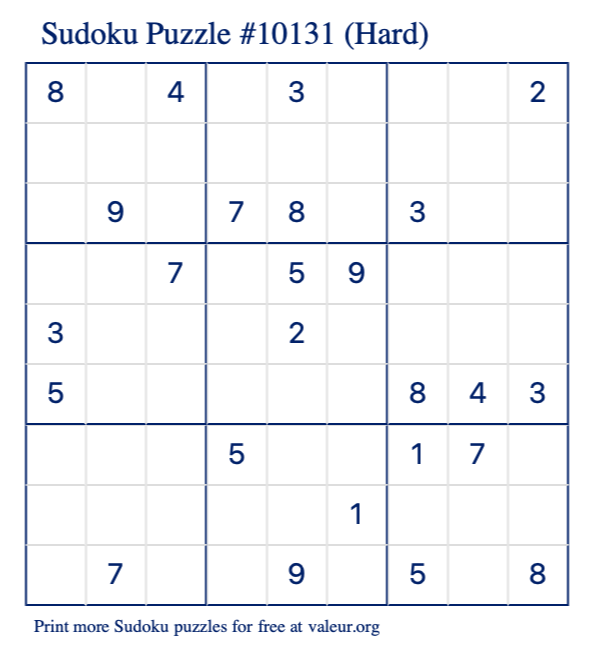 Free Printable Hard Sudoku Puzzle number 10131