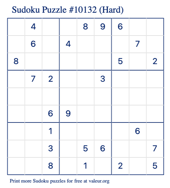 Free Printable Hard Sudoku Puzzle number 10132