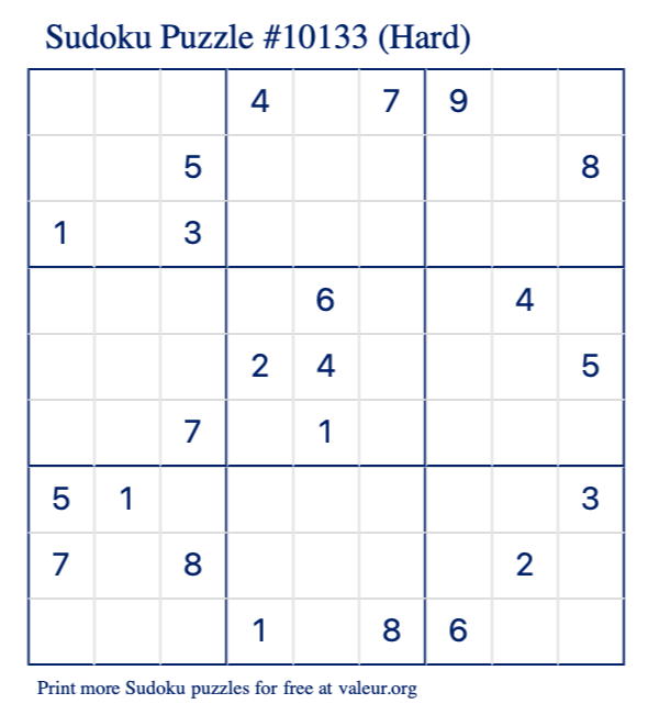 Free Printable Hard Sudoku Puzzle number 10133