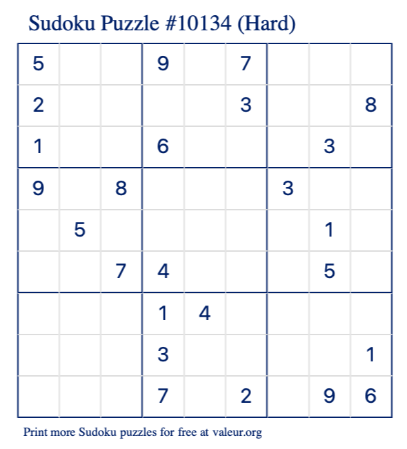 Free Printable Hard Sudoku Puzzle number 10134