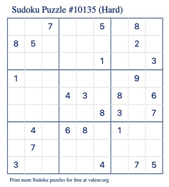 Free Printable Hard Sudoku Puzzle number 10135
