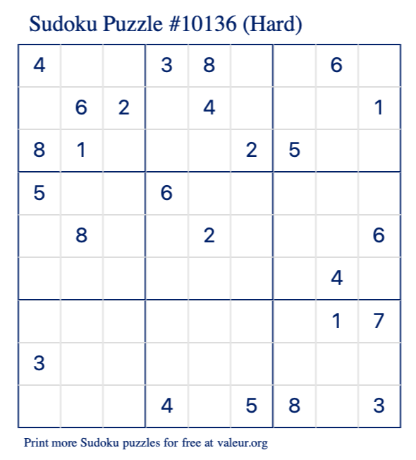 Free Printable Hard Sudoku Puzzle number 10136