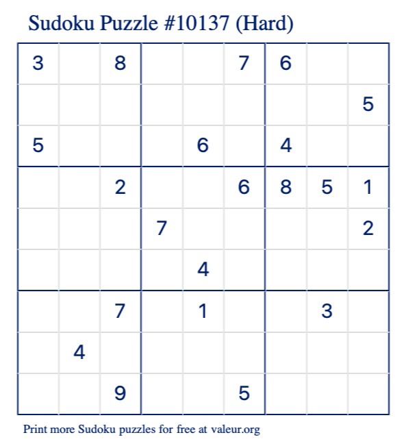 Free Printable Hard Sudoku Puzzle number 10137