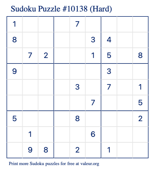 Free Printable Hard Sudoku Puzzle number 10138