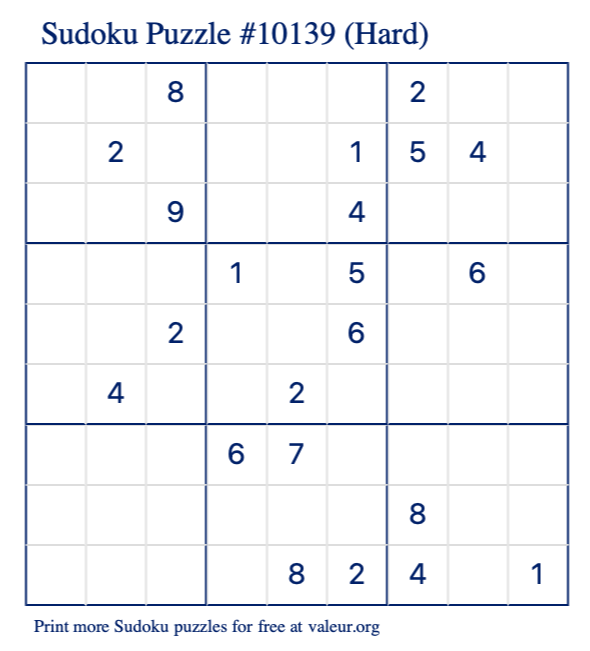 Free Printable Hard Sudoku Puzzle number 10139