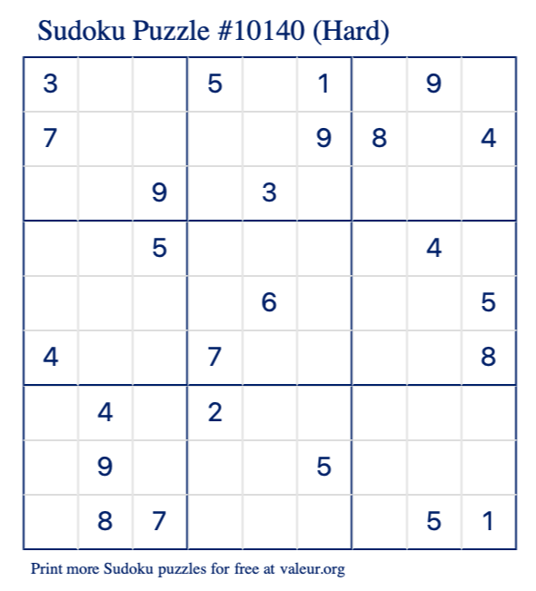 Free Printable Hard Sudoku Puzzle number 10140