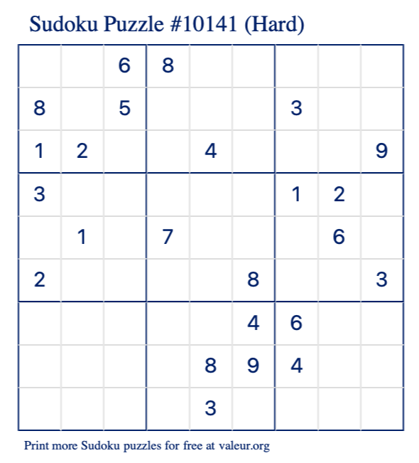 Free Printable Hard Sudoku Puzzle number 10141