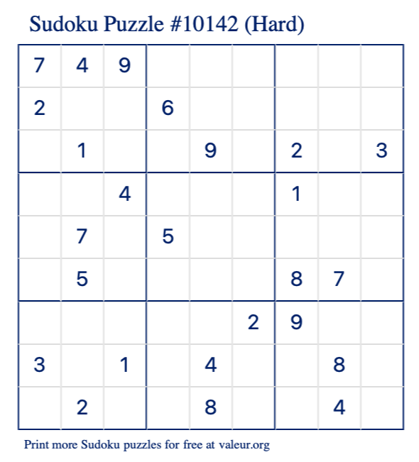 Free Printable Hard Sudoku Puzzle number 10142