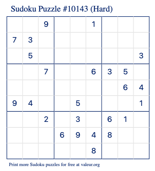 Free Printable Hard Sudoku Puzzle number 10143