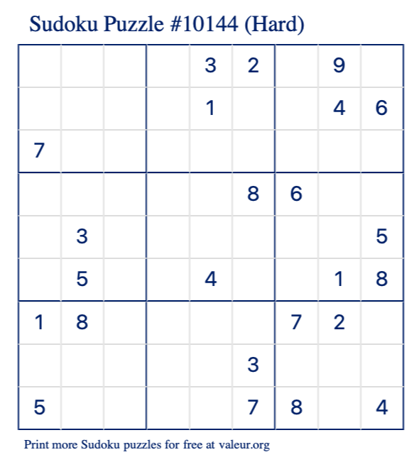 Free Printable Hard Sudoku Puzzle number 10144