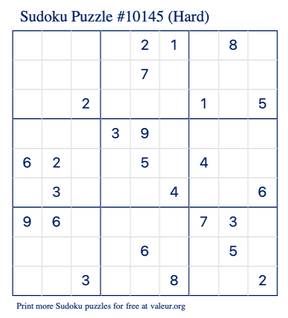 Free Printable Hard Sudoku Puzzle number 10145