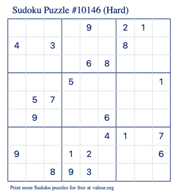 Free Printable Hard Sudoku Puzzle number 10146