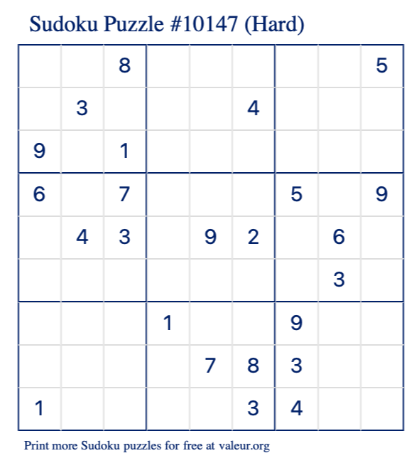 Free Printable Hard Sudoku Puzzle number 10147
