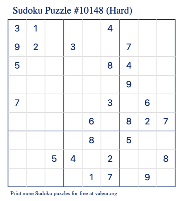 Free Printable Hard Sudoku Puzzle number 10148
