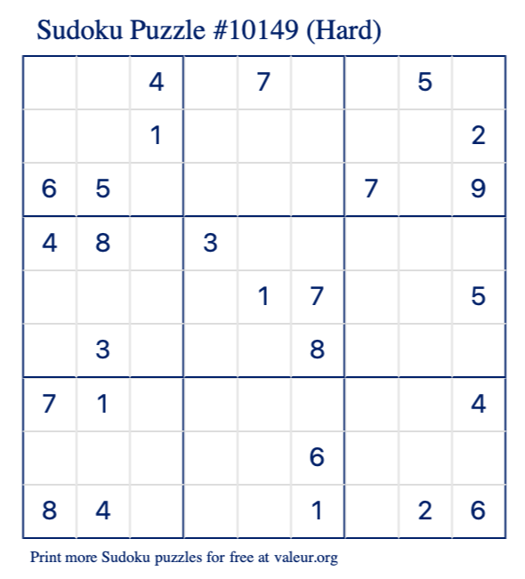 Free Printable Hard Sudoku Puzzle number 10149