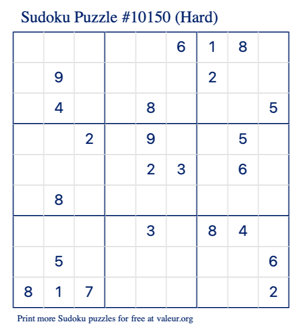 Free Printable Hard Sudoku Puzzle number 10150