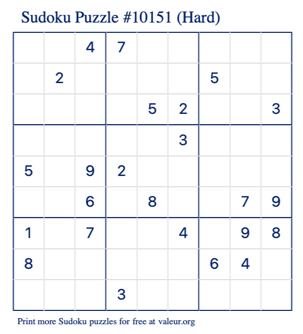 Free Printable Hard Sudoku Puzzle number 10151