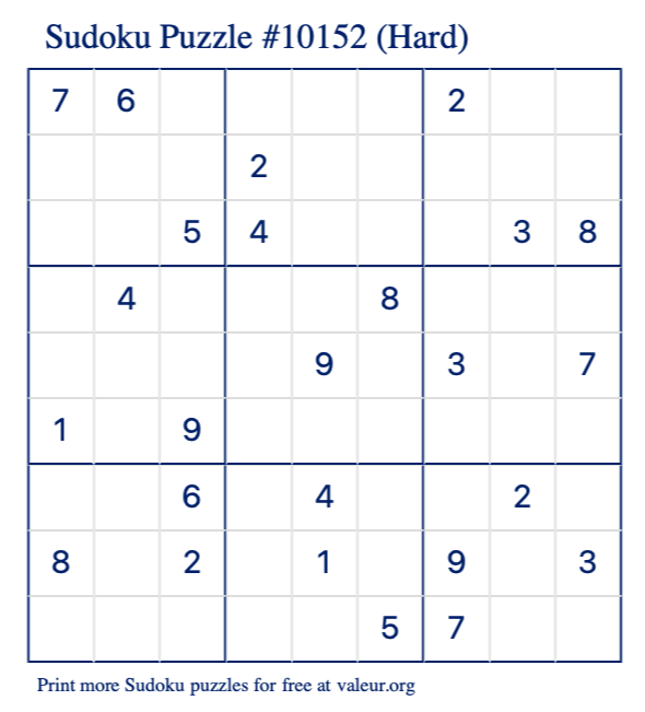 Free Printable Hard Sudoku Puzzle number 10152