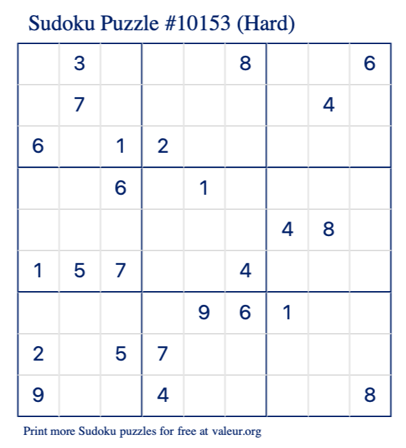 Free Printable Hard Sudoku Puzzle number 10153
