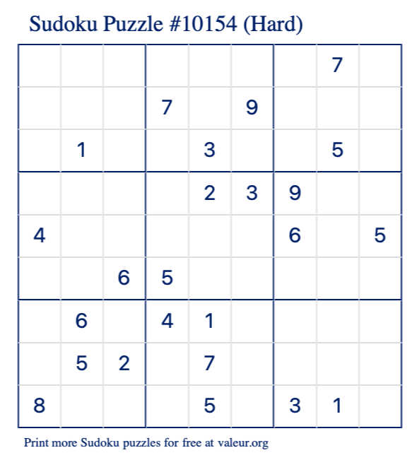 Free Printable Hard Sudoku Puzzle number 10154