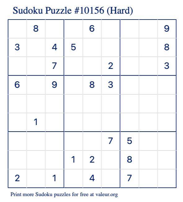 Free Printable Hard Sudoku Puzzle number 10156