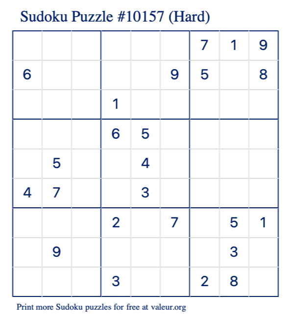 Free Printable Hard Sudoku Puzzle number 10157