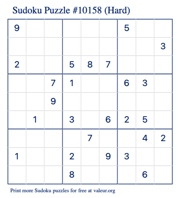 Free Printable Hard Sudoku Puzzle number 10158