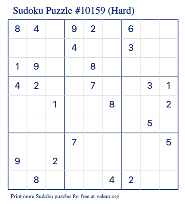 Free Printable Hard Sudoku Puzzle number 10159