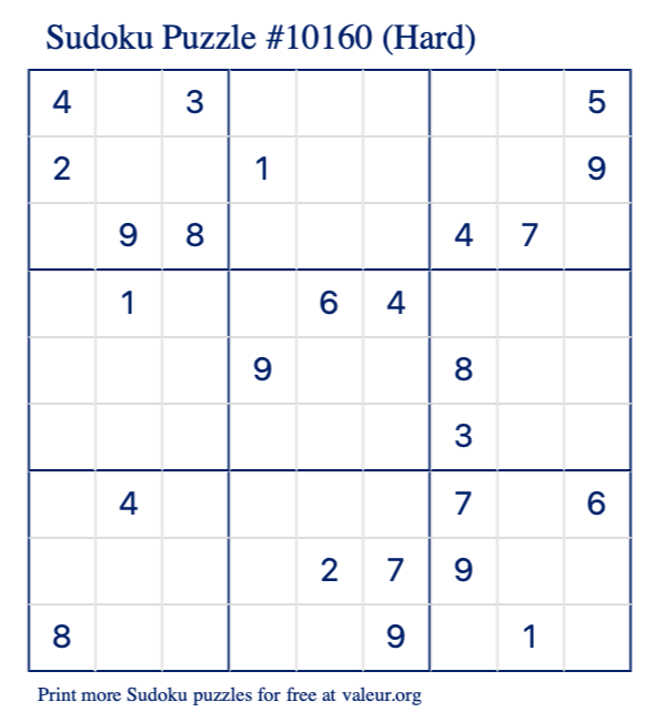 Free Printable Hard Sudoku Puzzle number 10160