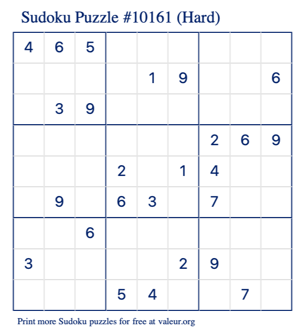 Free Printable Hard Sudoku Puzzle number 10161