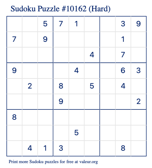 Free Printable Hard Sudoku Puzzle number 10162
