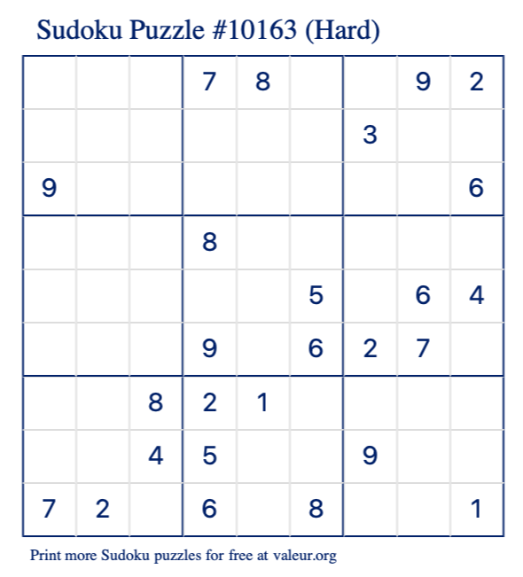 Free Printable Hard Sudoku Puzzle number 10163