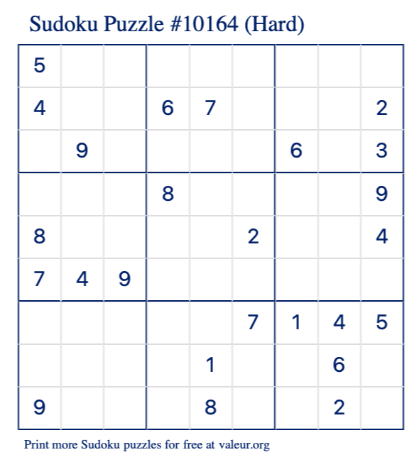 Free Printable Hard Sudoku Puzzle number 10164