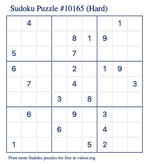 Free Printable Hard Sudoku Puzzle number 10165
