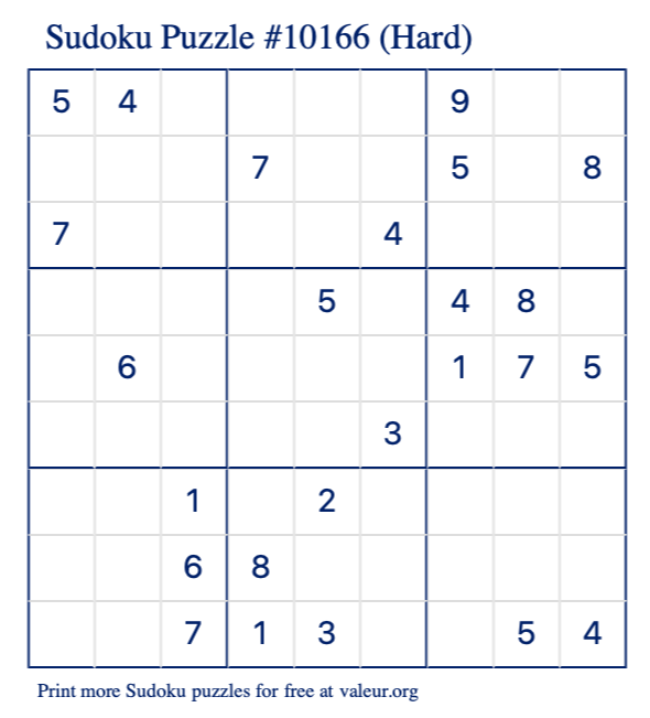 Free Printable Hard Sudoku Puzzle number 10166