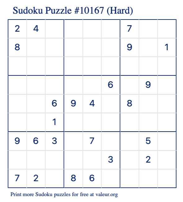 Free Printable Hard Sudoku Puzzle number 10167