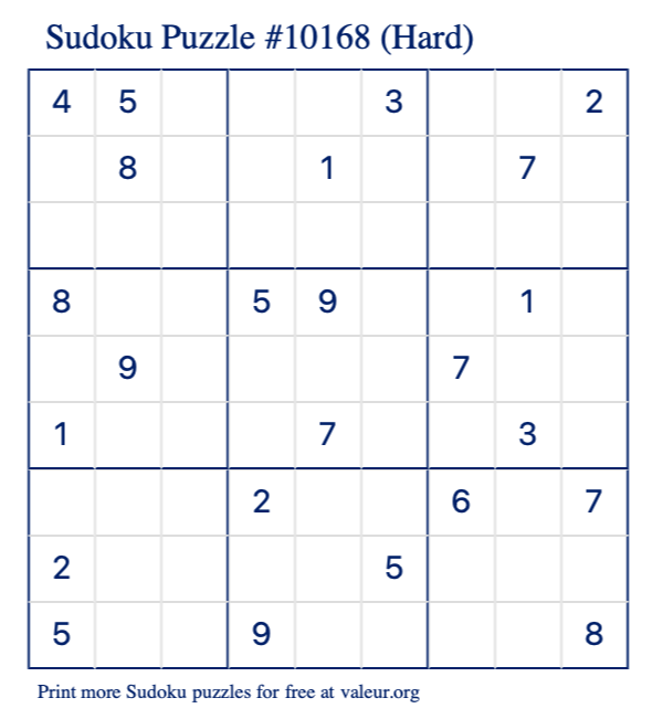 Free Printable Hard Sudoku Puzzle number 10168