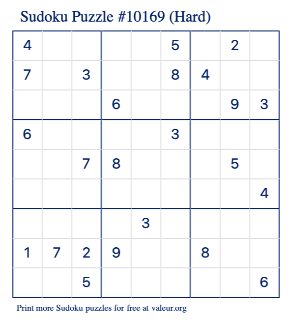 Free Printable Hard Sudoku Puzzle number 10169