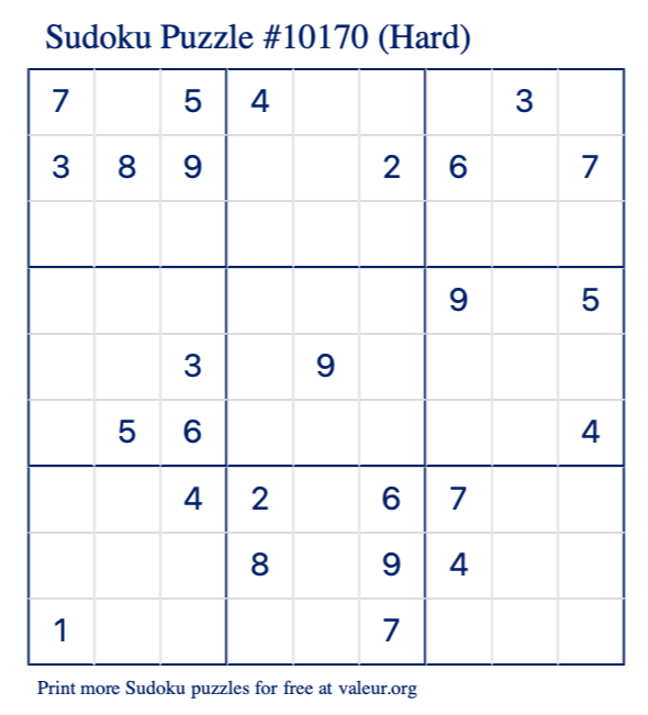 Free Printable Hard Sudoku Puzzle number 10170
