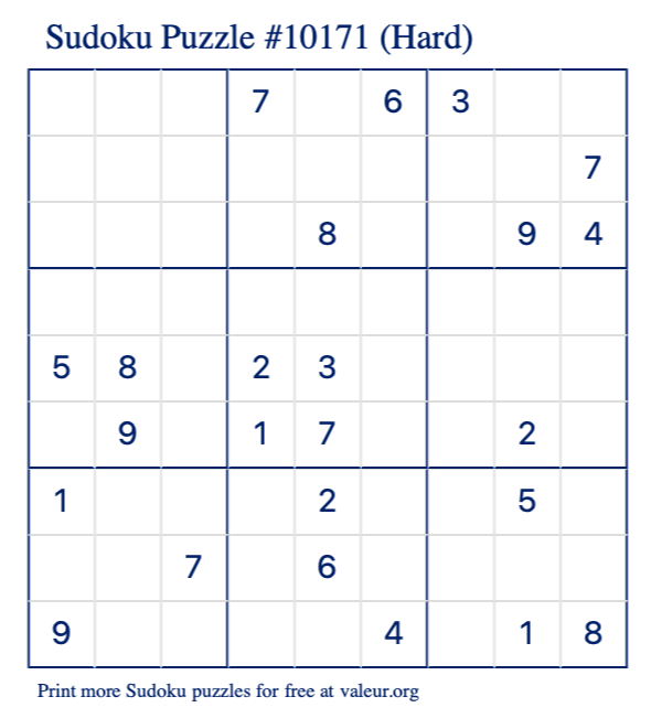 Free Printable Hard Sudoku Puzzle number 10171