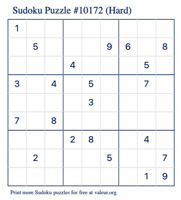 Free Printable Hard Sudoku Puzzle number 10172