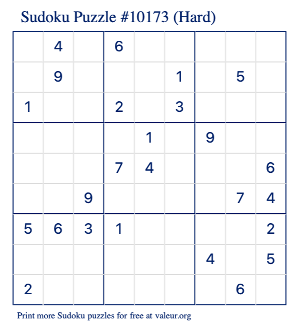 Free Printable Hard Sudoku Puzzle number 10173